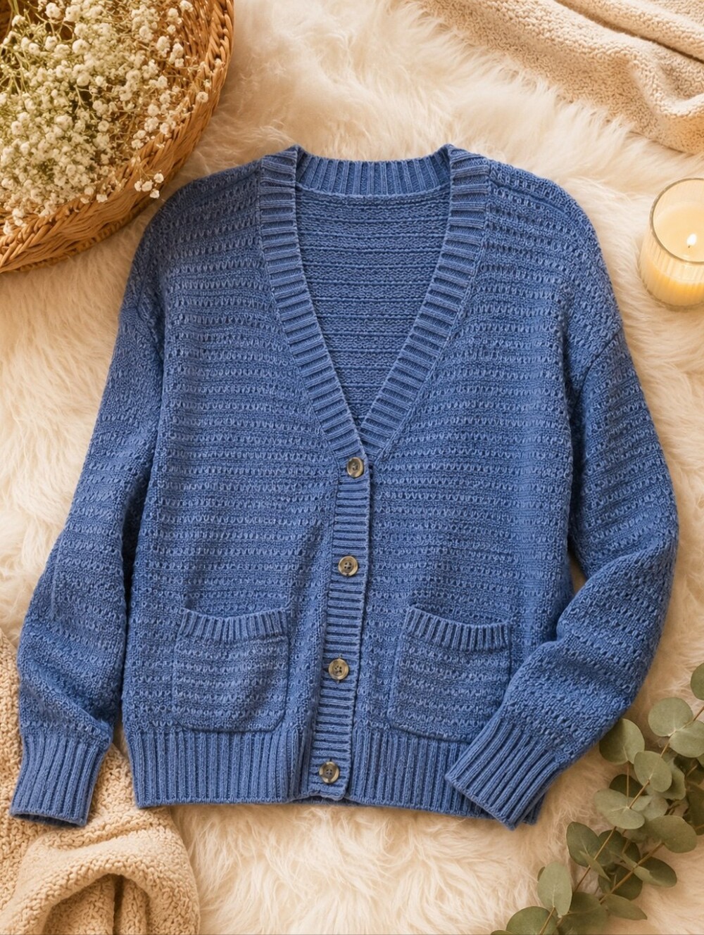Sonoma Blue Button Front Textured Cardigan Sweater Women's Small Cozy Knit
